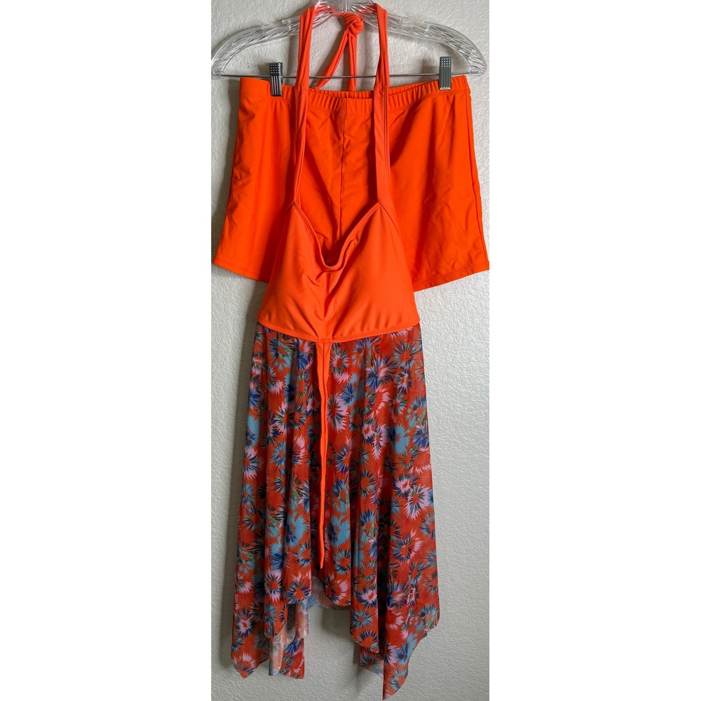 Summer Mae Womens XL 2 Piece Swimsuit Orange Floral Skirted Tankini Shorts Set